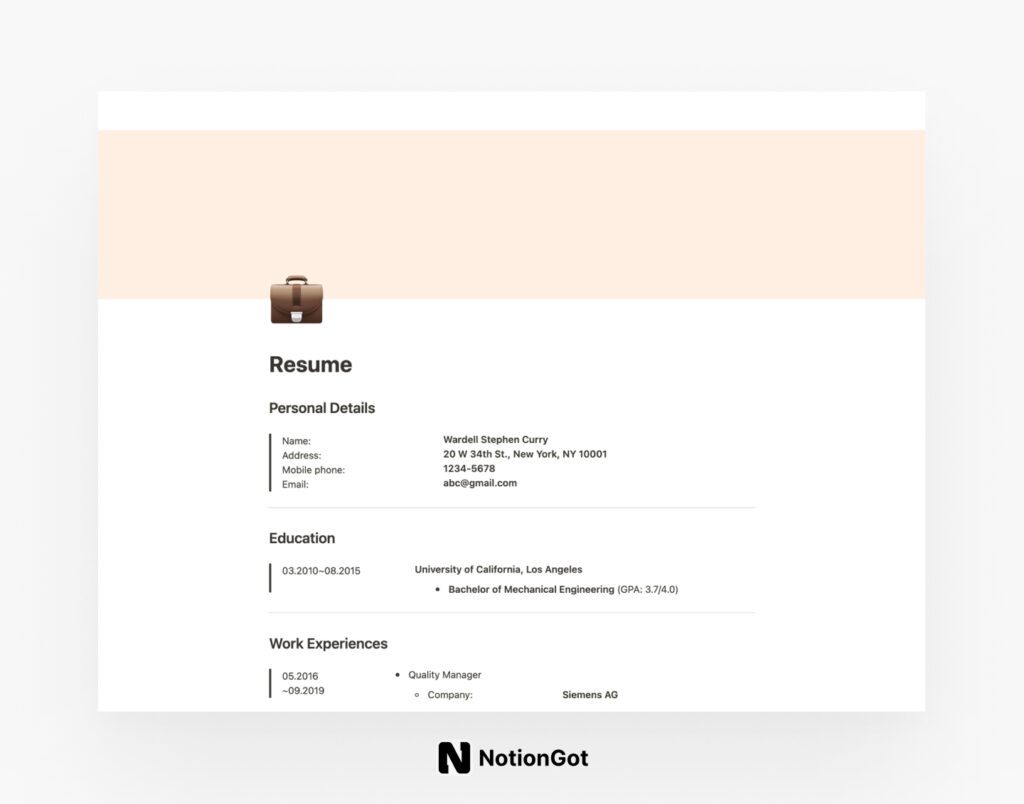 Resume Template Notion