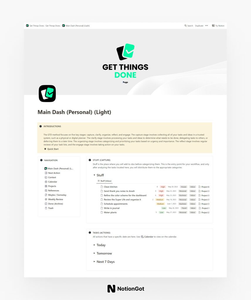 GTD - Getting Things Done Notion Template
