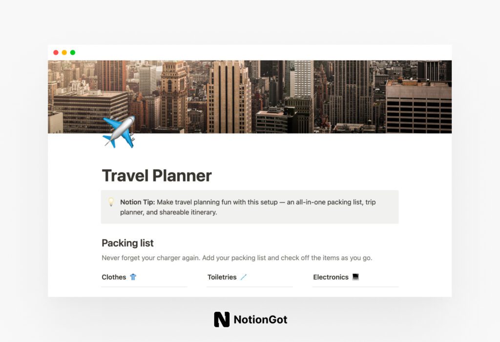 Travel planning Notion Template