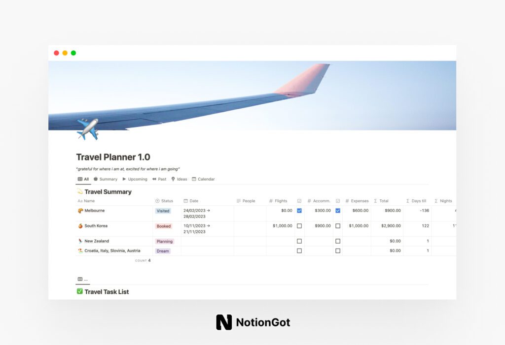 Notion Travel Planner 1.0