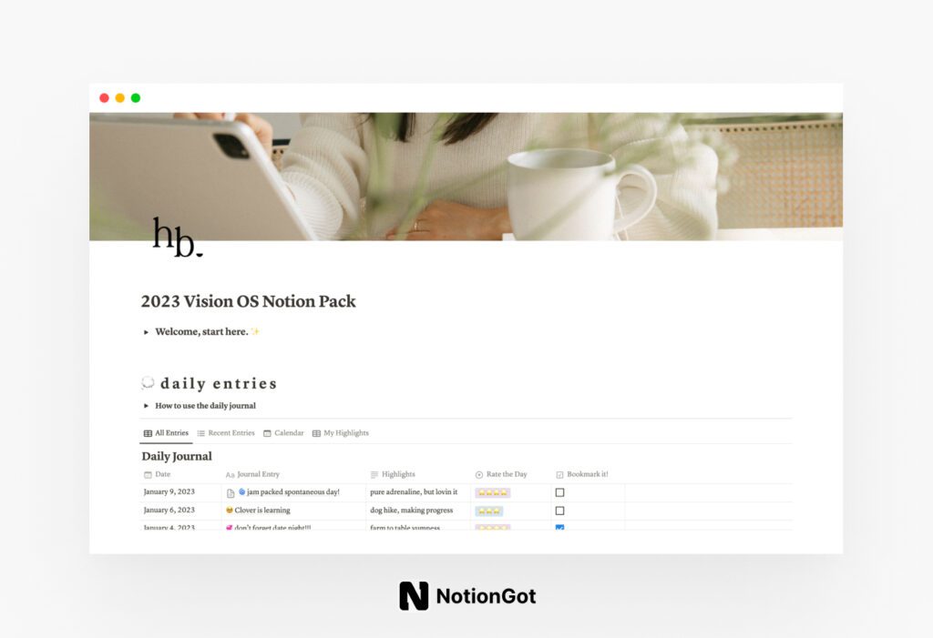 Vision OS Notion Pack - Journaling Notion Templates