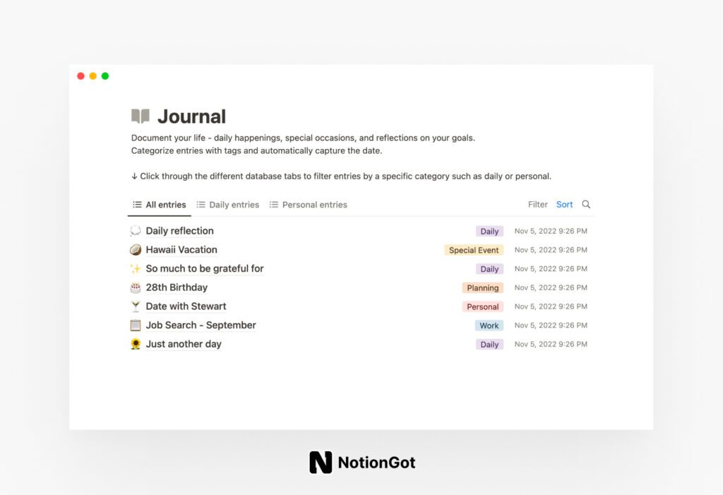 Notion Journal Template