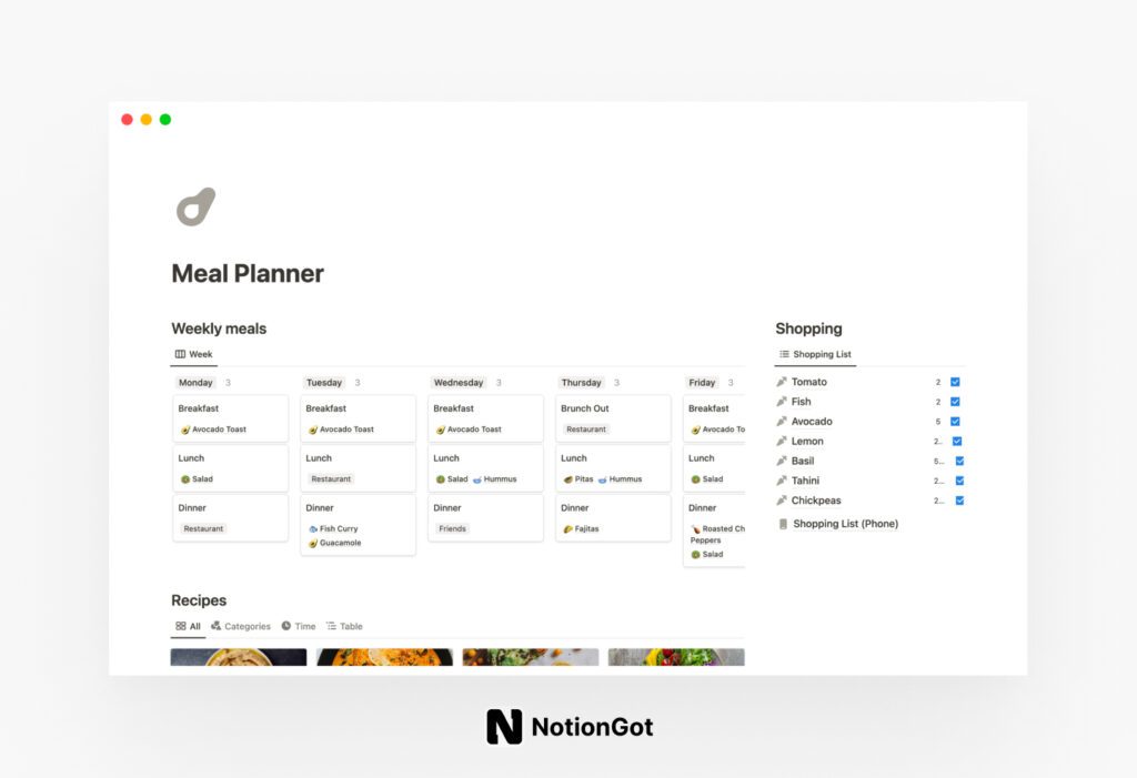 Meal Planner Template for Notion
