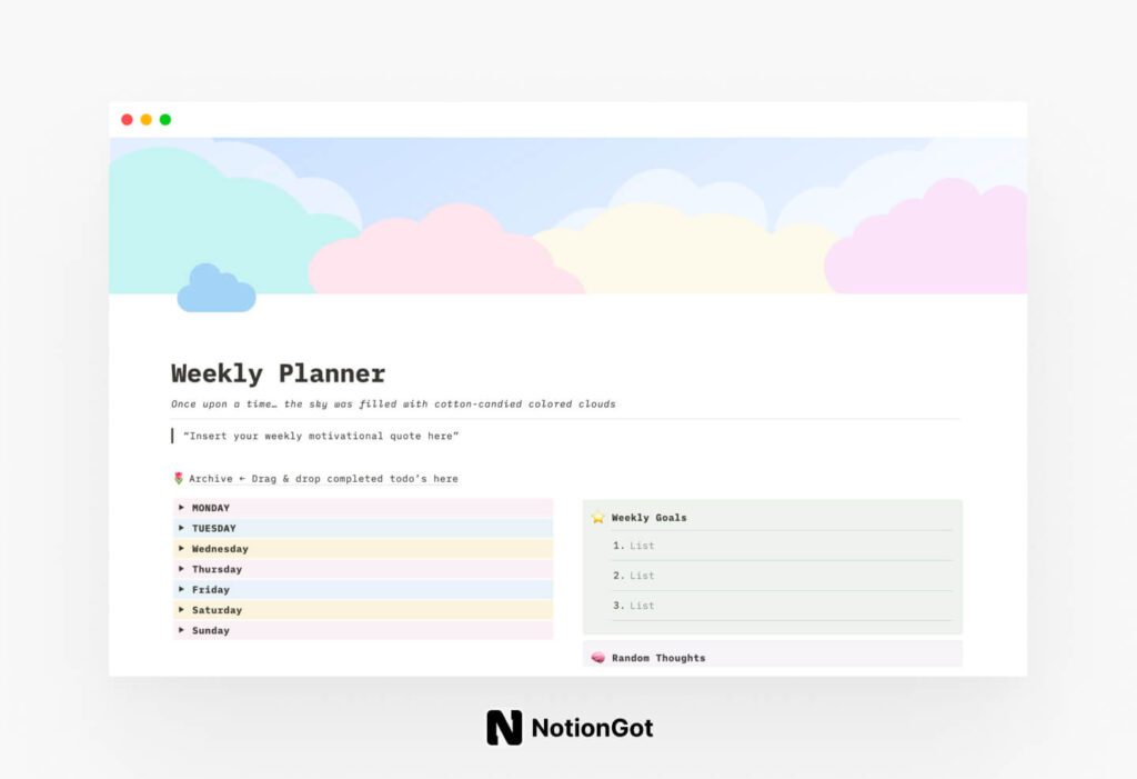 Notion Cotton Candy Clouds Weekly Planner