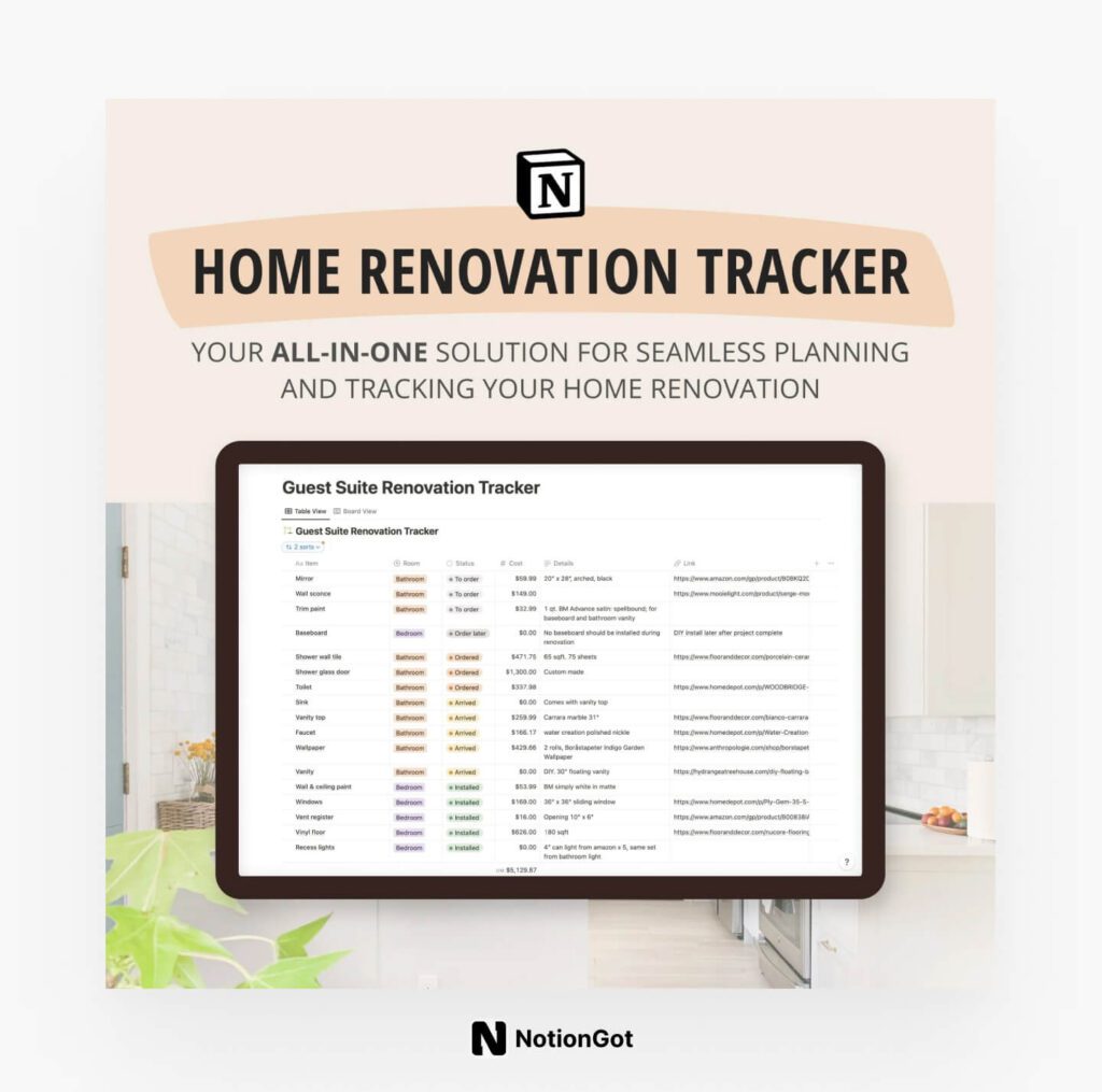 Notion Home Renovation Planner & Tracker