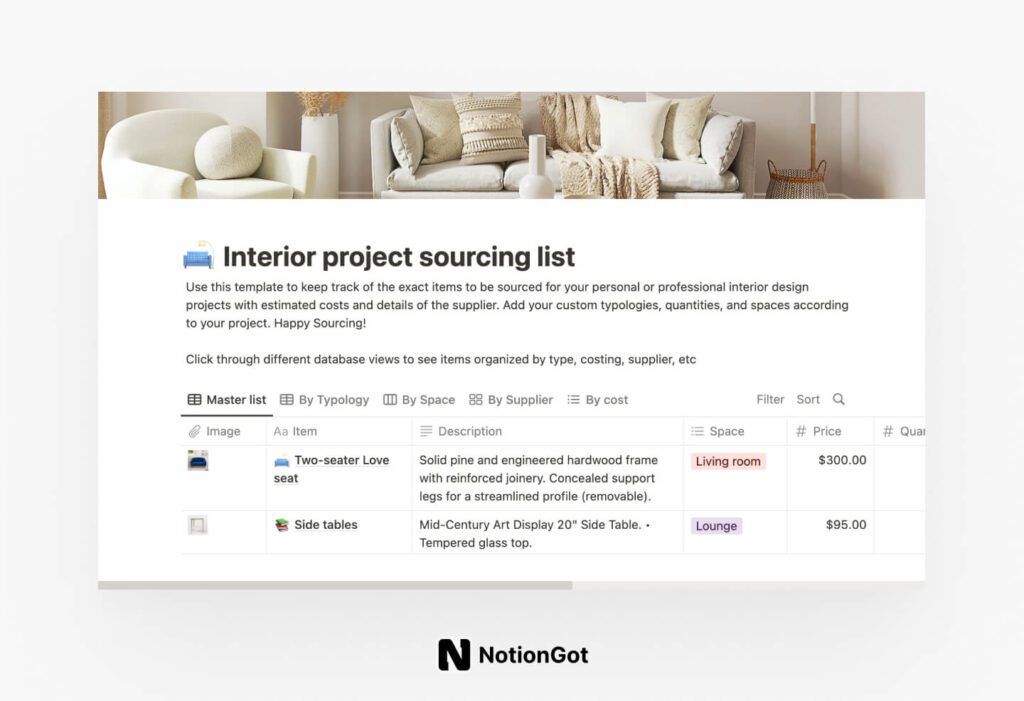 Notion Interior project sourcing list