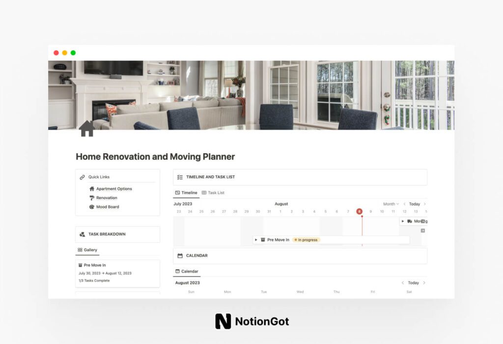 Notion Home Renovation and Moving Planner