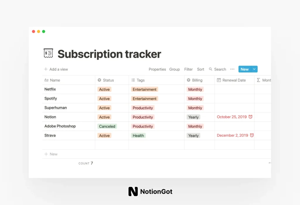 Subscription tracker for Notion
