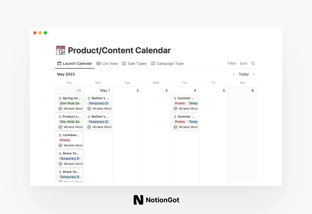 Email/SMS Product Content Calendar