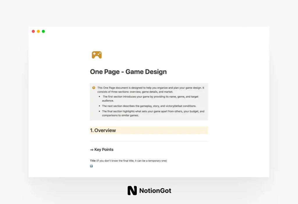 One Page - Game Design Notion Template