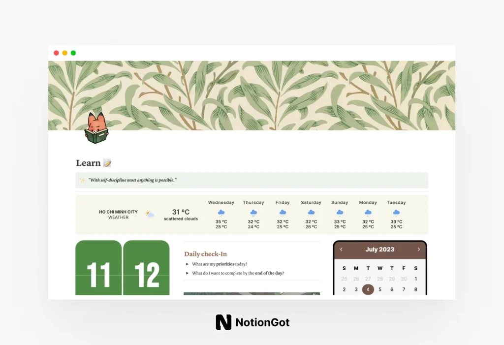 Notion Learn (student's dashboard)