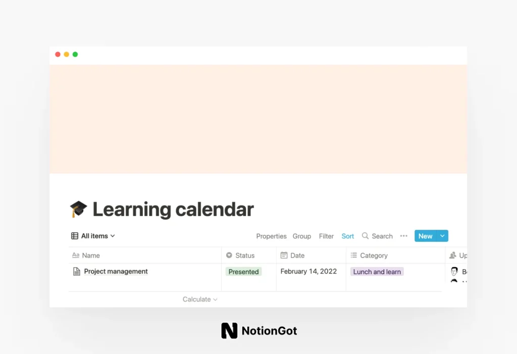 Notion’s learning calendar