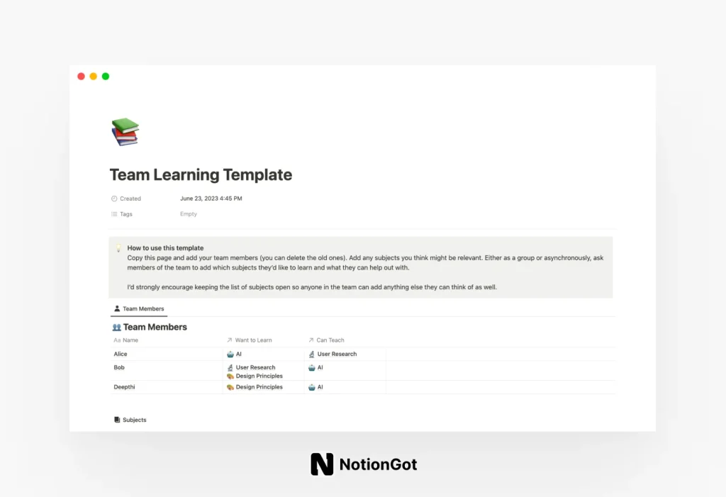 Team Learning Template