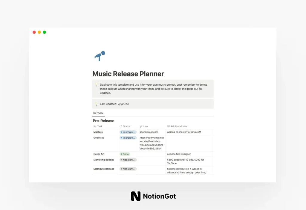 Music Release Planner