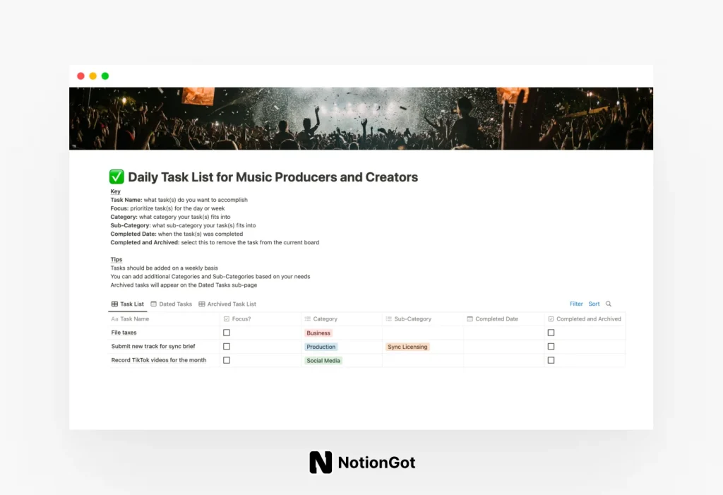 Daily Task List for Music Producers and Creatives in Notion