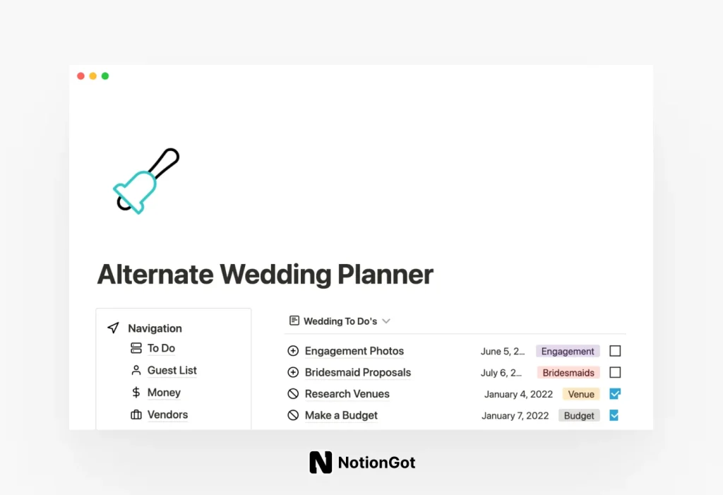 Alternate wedding planner