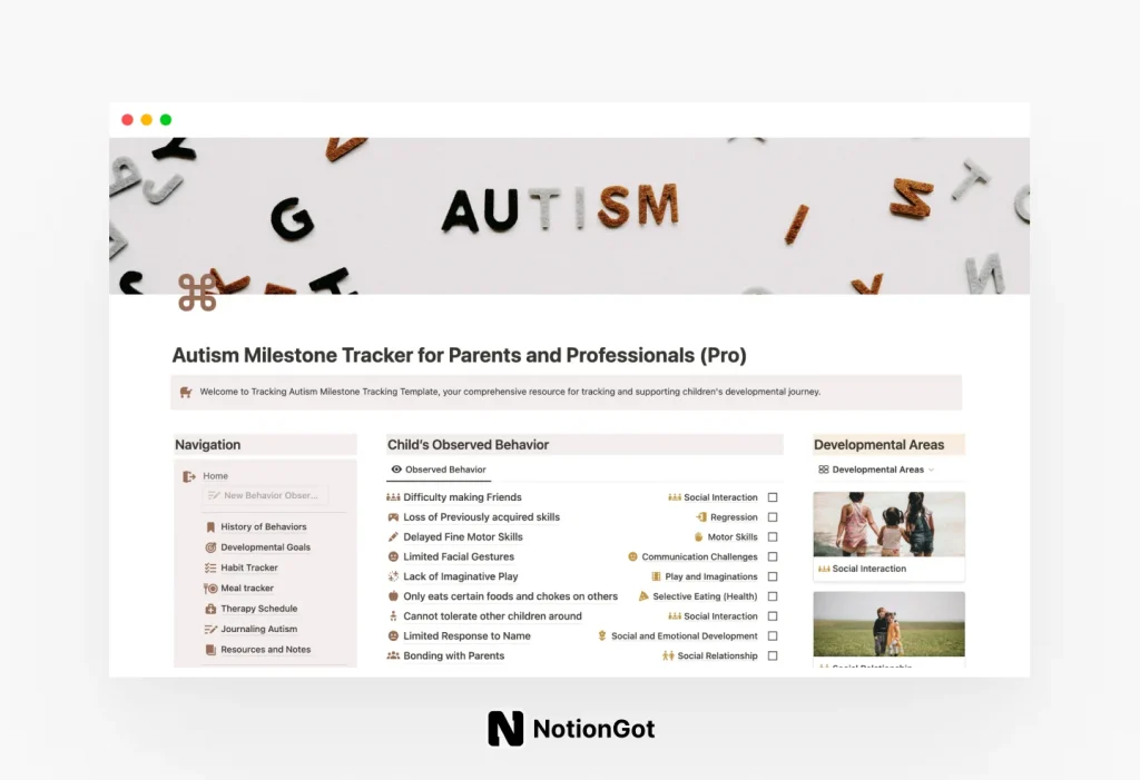 Notion Autism Milestone Tracker for Parents and Professionals