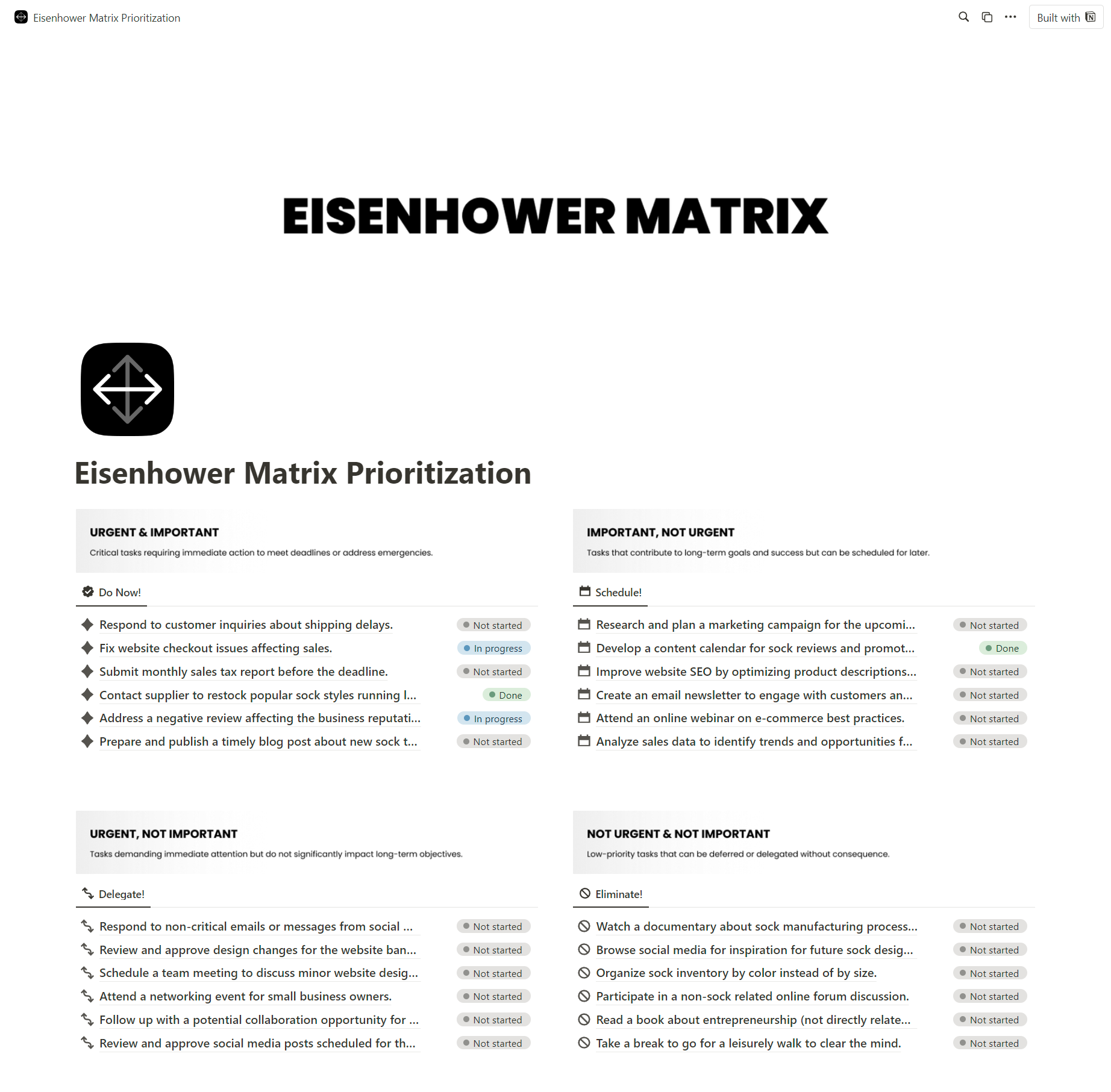 Eisenhower Matrix Prioritization for Notion