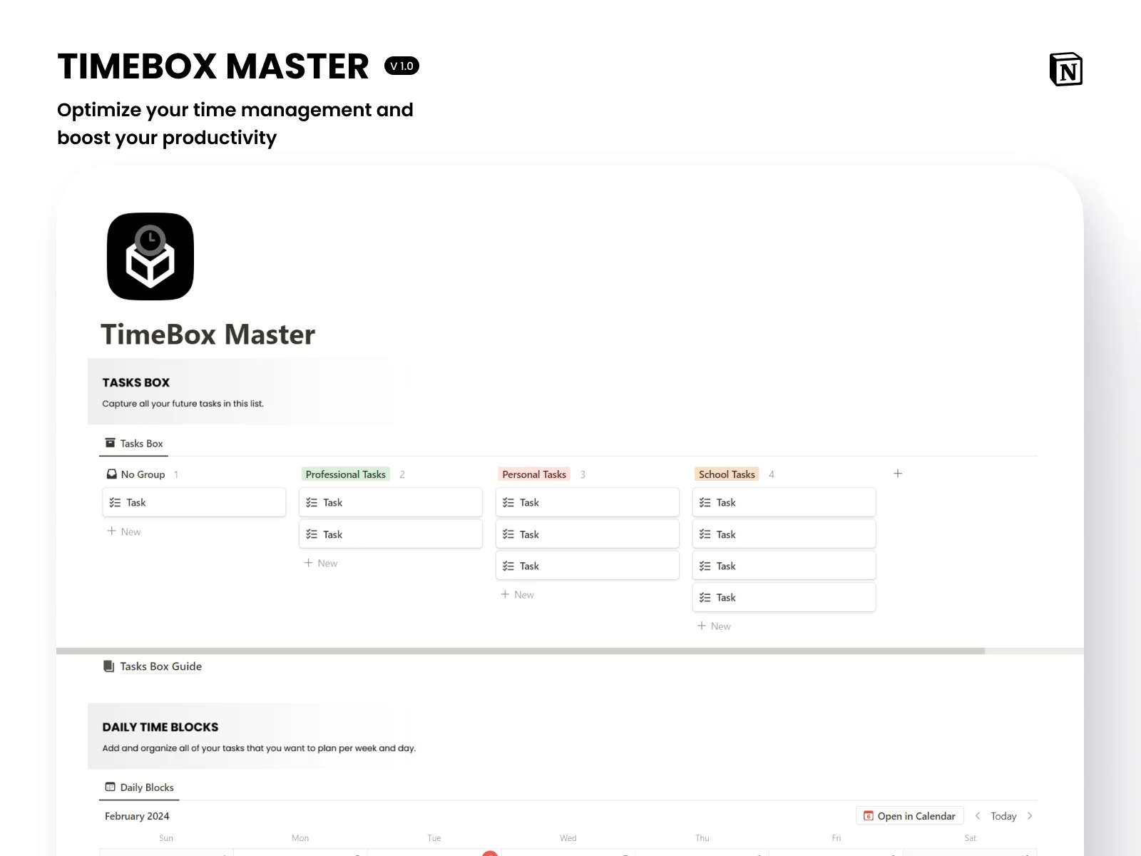TimeBox Master (Weekly/Daily Timeboxing) for Notion