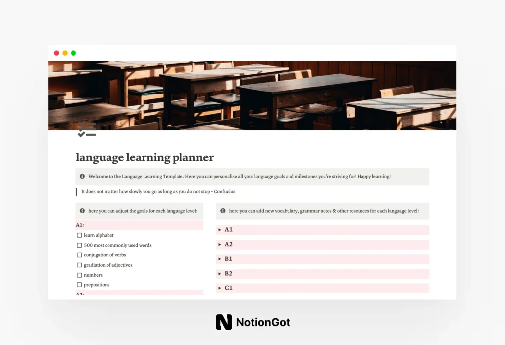 Notion Language learning Planner