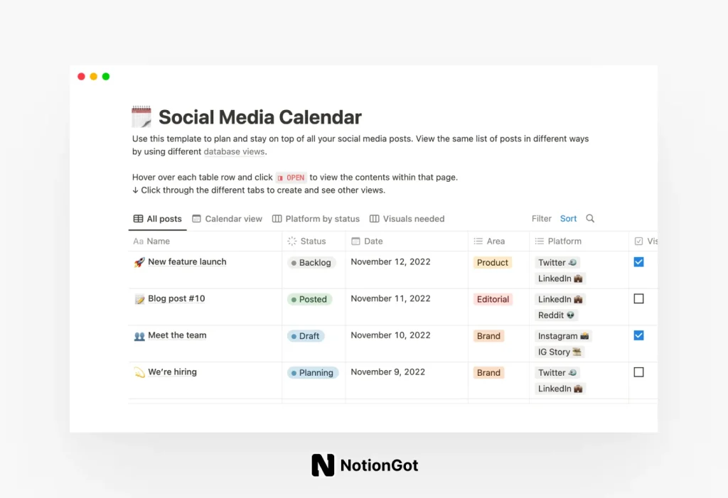 Social Media Calendar (w/ Notion AI)