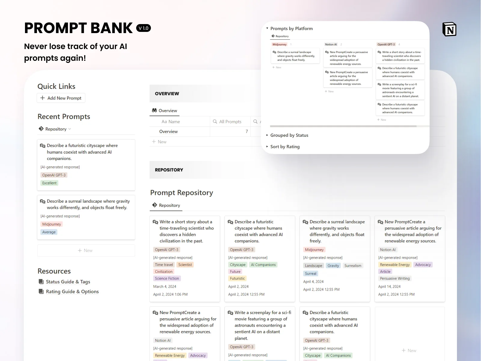 Notion Prompt Bank - Free Notion AI Prompt Organizer Template