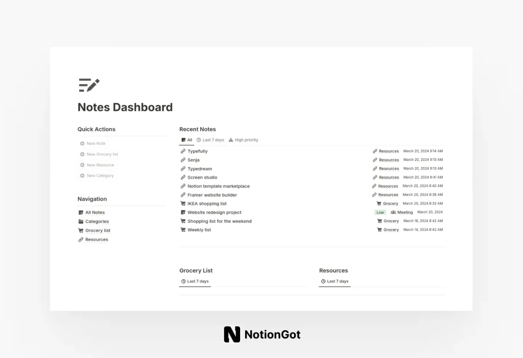 Notion Notes Dashboard