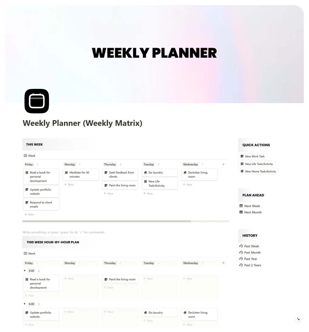 Free Notion Weekly Matrix Planner Best Notion Templates For Everyone And Erverything