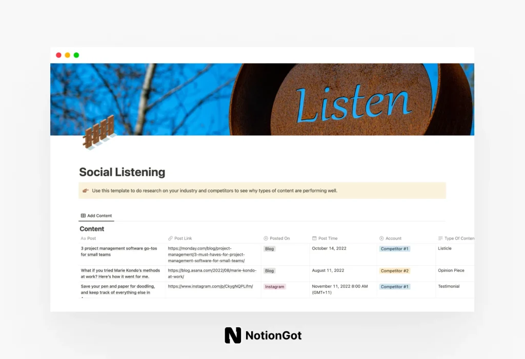 Notion Social Listening Template (Paid Template)