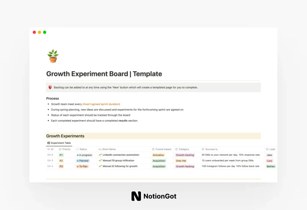 Growth Experiment Board Template