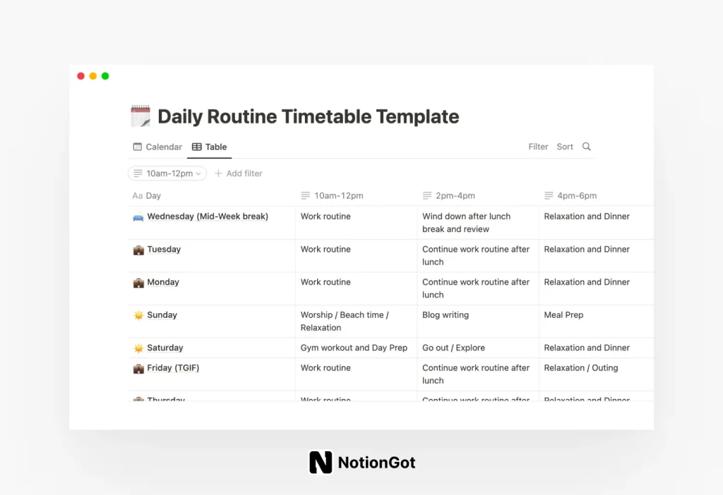 Daily Routine Timetable for Notion