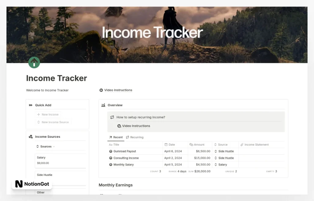 Free Notion Income Tracker Template