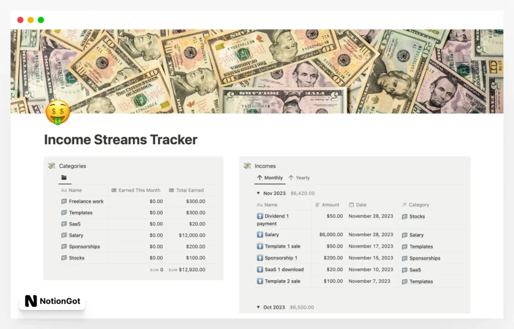 Multiple Money Income Streams Tracker
