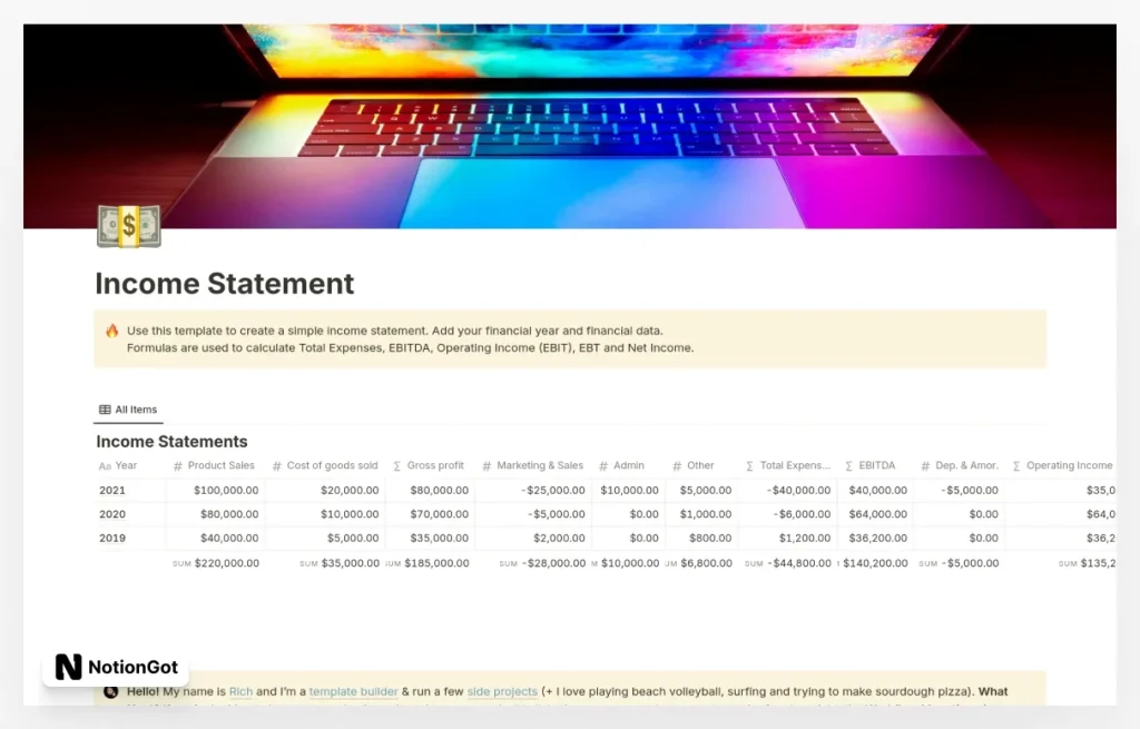 Income Statement Notion Template