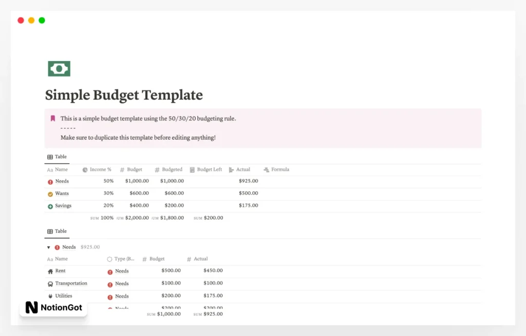 Notion Simple Budgeting