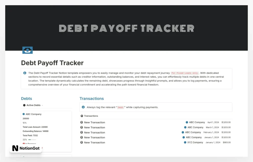 Debt Payoff Tracker Template for Notion