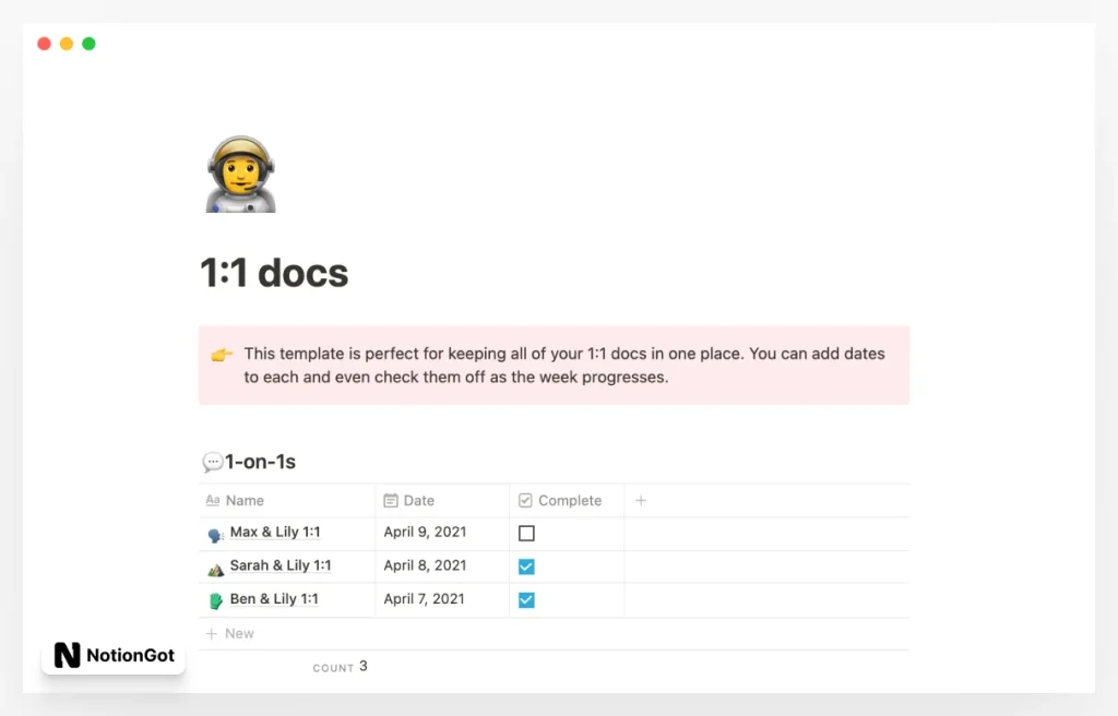 1:1 Meeting Docs Notion Template