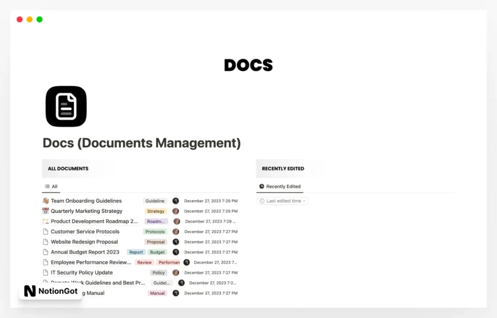 Free Notion Documents Management Template