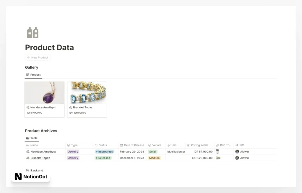 Notion Product Catalogue & Data Template